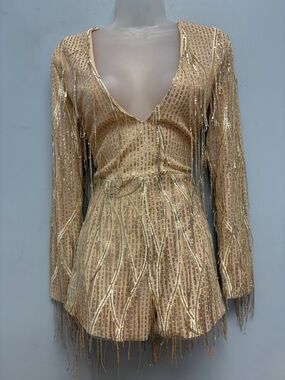 Missord Gold Sequin Fringe Romper NWT Glam Deep V Long Sleeve Party Jumpsuit